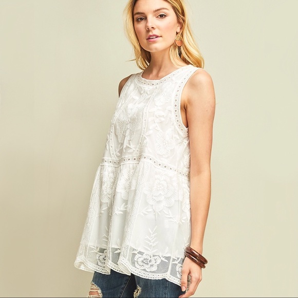 Floral Embroidered Top Lace Eyelet White Blouse - Picture 3 of 6
